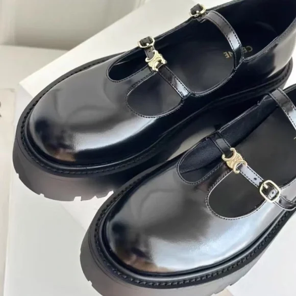 Celine Black Patent Double-Strap Mary Jane Loafers with Gold Triomphe - Picture 3 of 4